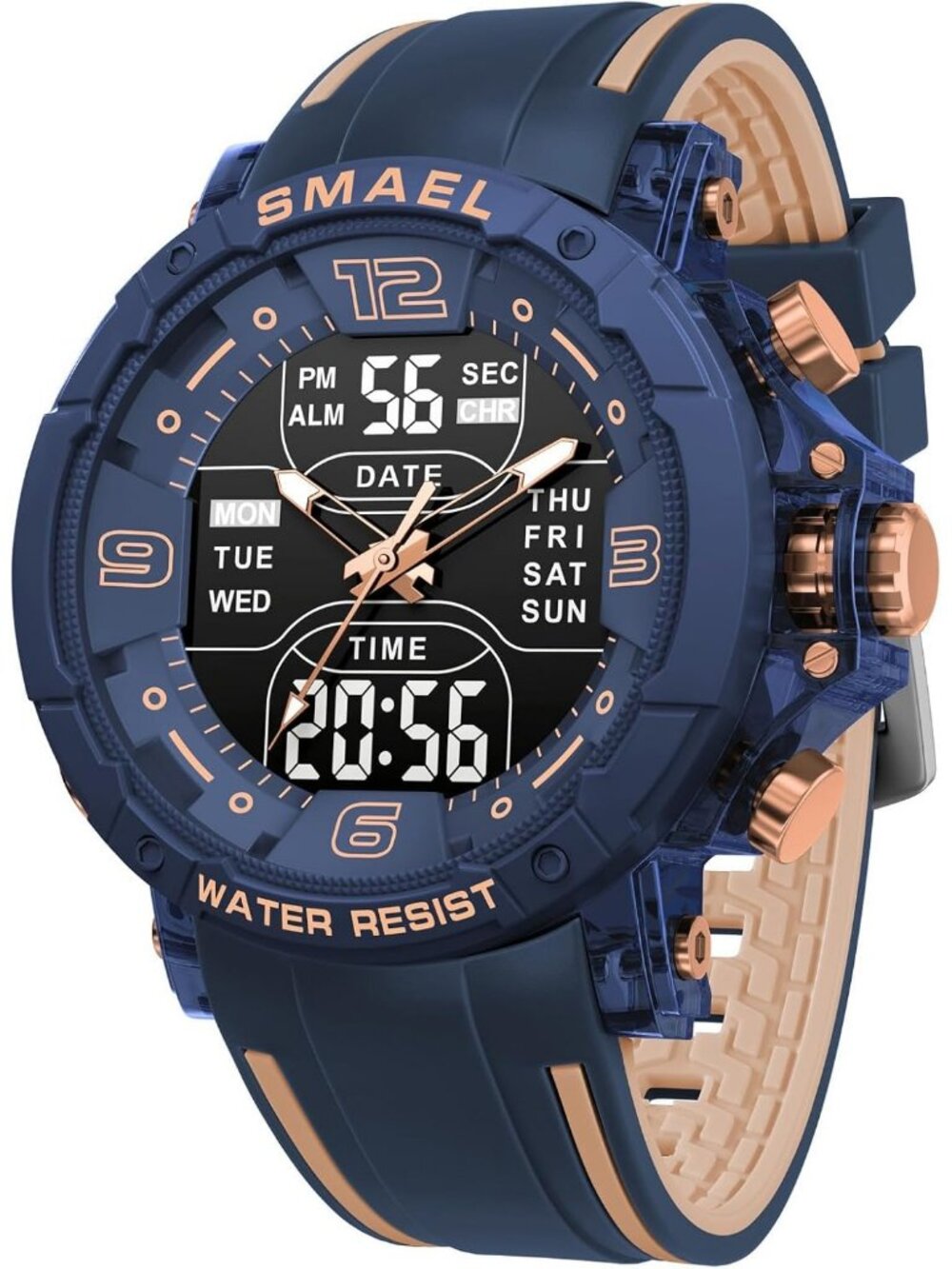 Men's Blue Analog Digital LED Backlight Stopwatch Silicone Band Wrist Watch